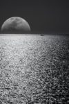 white and black moon with black skies and body of water photography during night time